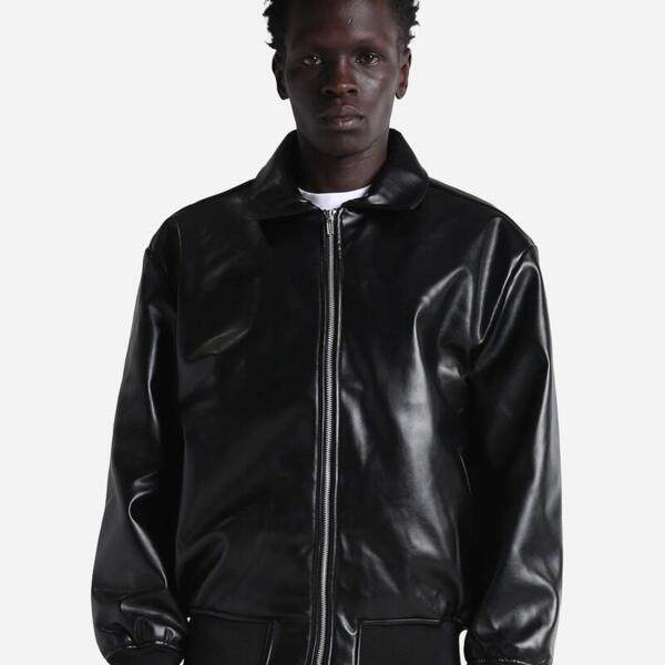 Unisex PU Leather Collared Varsity Jacket Thumbnail